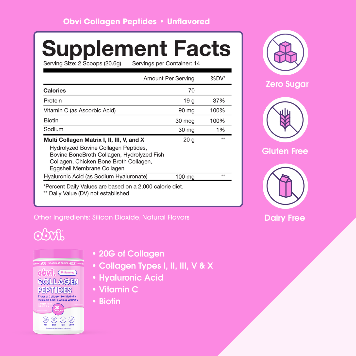 Obvi 20g Collagen Peptides Powder-Unflavored Beauty, Health