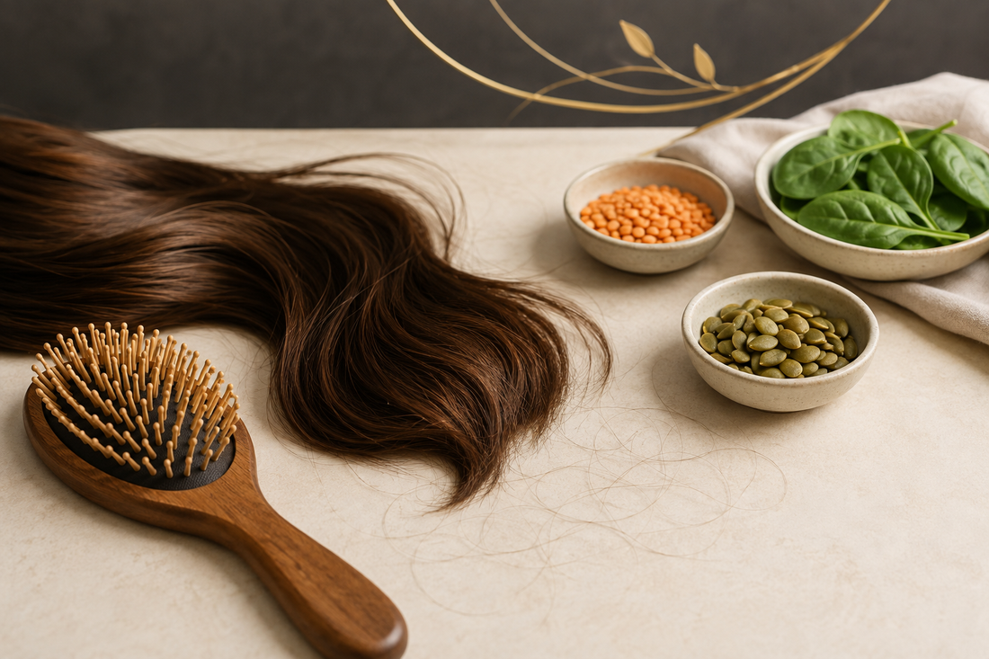 Hair, a wooden brush and nutrient-rich foods for a SlimPulse guide to shedding after weight loss