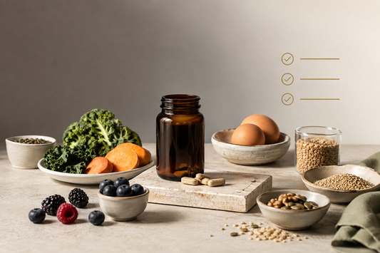 An unbranded multivitamin bottle with balanced foods for a SlimPulse supplement comparison guide