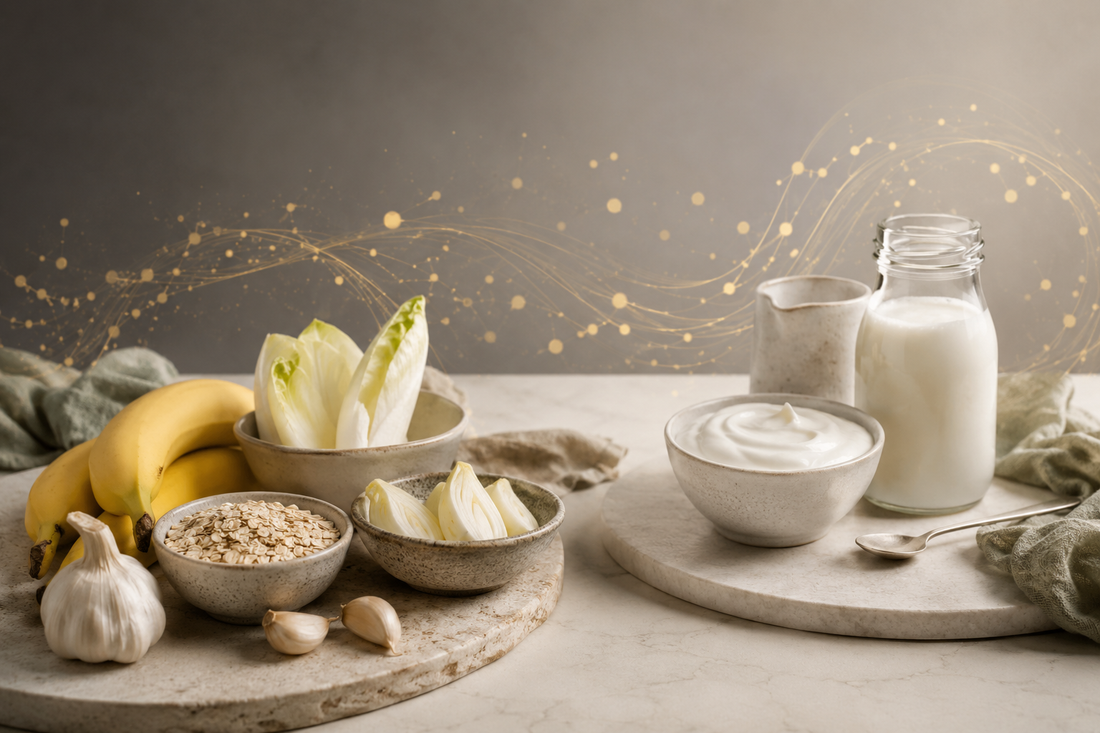 Prebiotic foods and probiotic yoghurt arranged for a SlimPulse gut-health comparison guide