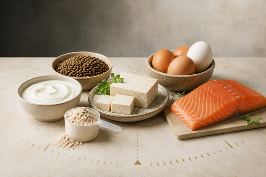 Protein foods including salmon, eggs, tofu, yoghurt and lentils for a SlimPulse weight-loss nutrition guide