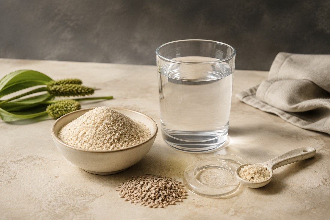 Psyllium husk fibre beside water and a measuring spoon for a SlimPulse label guide