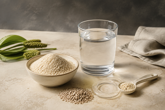 Psyllium husk fibre beside water and a measuring spoon for a SlimPulse label guide