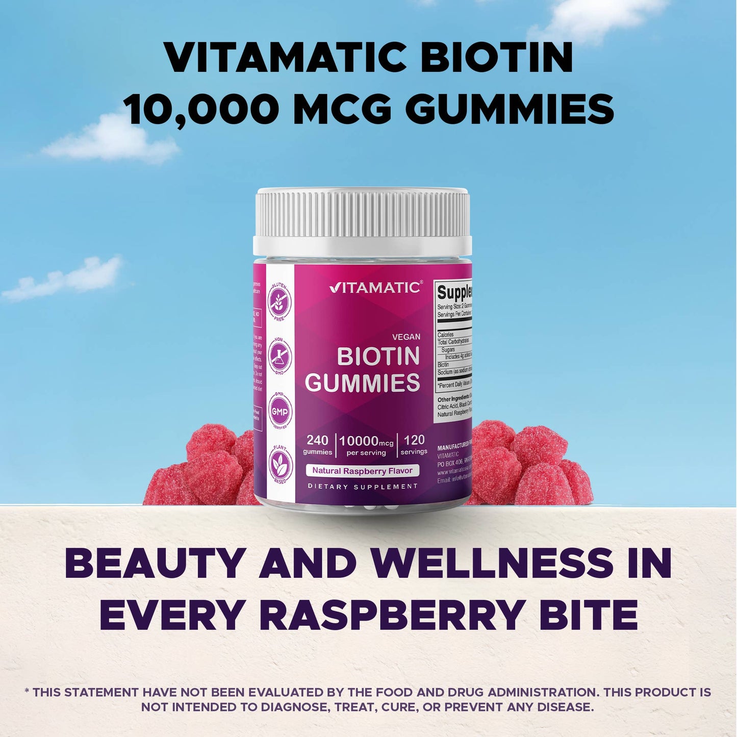 Vitamatic Biotin Gummies 10,000 mcg- 240 Vegan Gummies