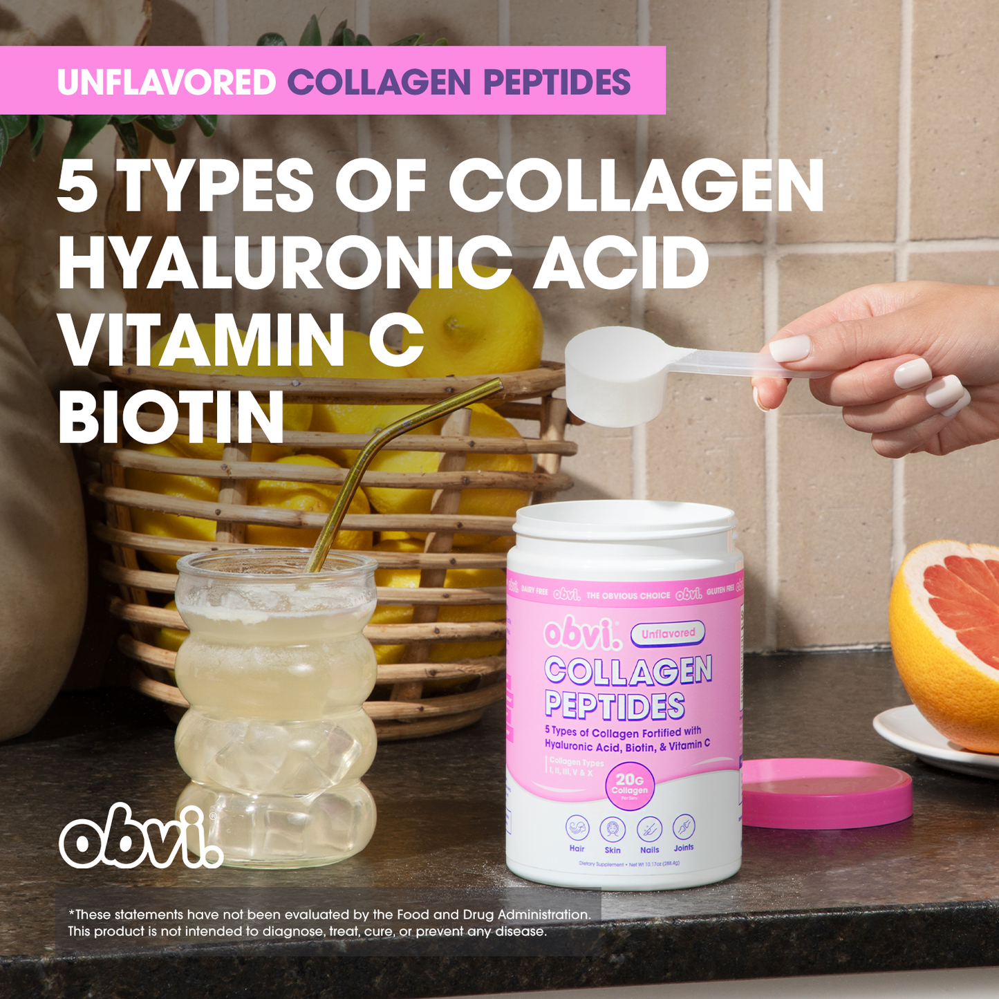 Obvi 20g Collagen Peptides Powder-Unflavored Beauty, Health