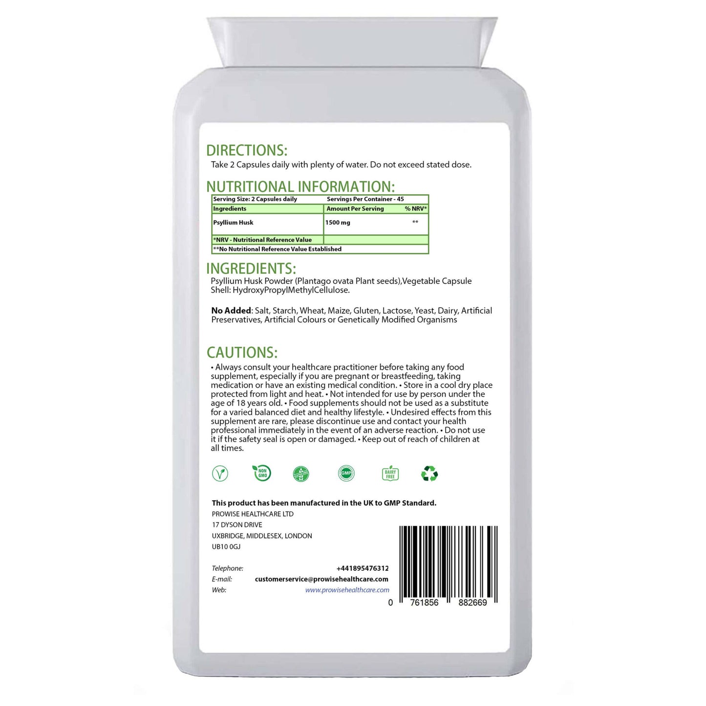 Psyllium Husks 1500mg 90 Capsules - Natural Dietary Fibre