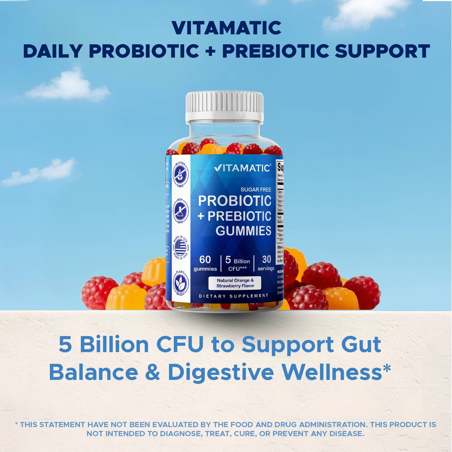Vitamatic | Pre & Probiotic 5 Billion CFUs | 60 Vegan Gummies