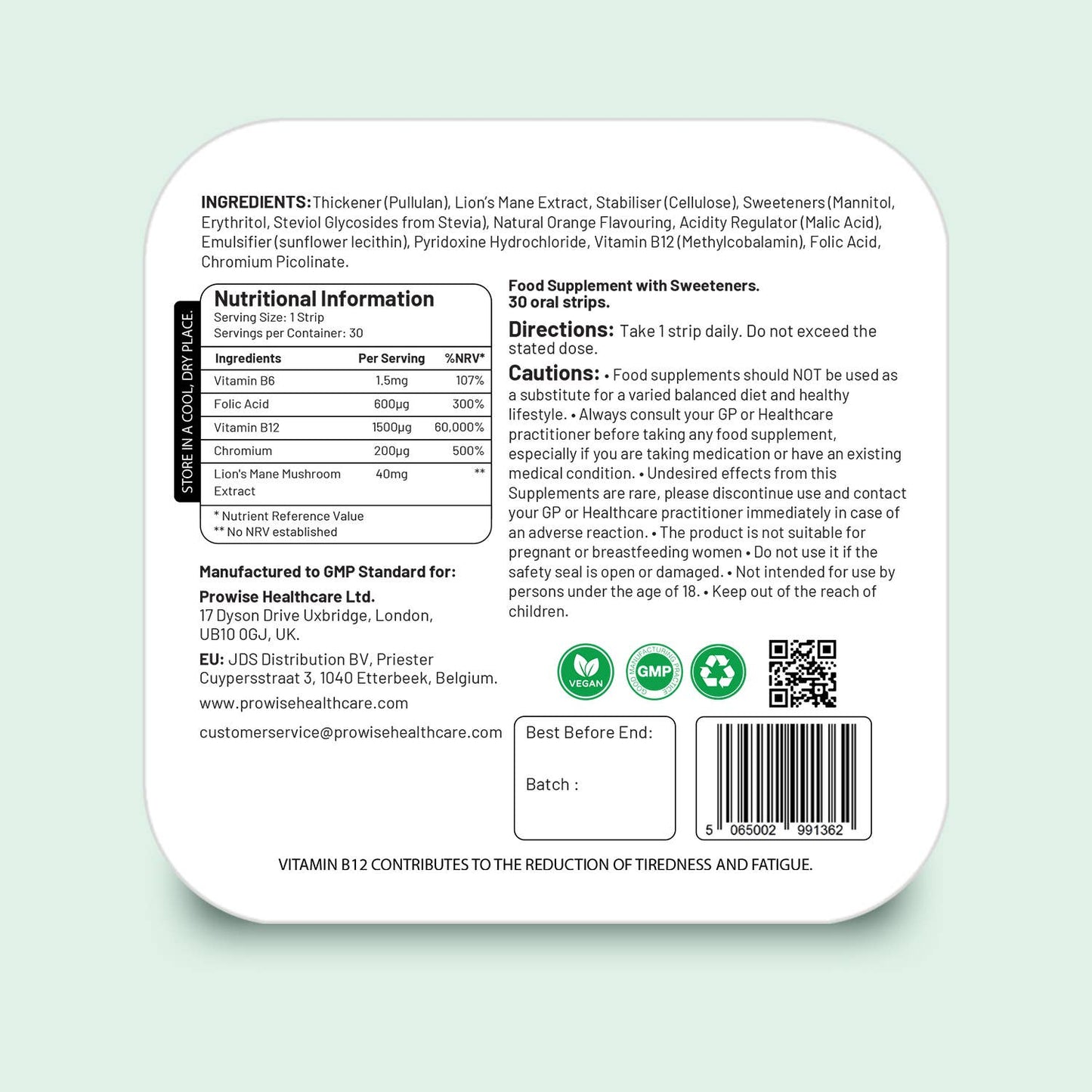 PROSTRIP®️ Vitamin B12+ 1500mcg 30 Oral Vegan Strips