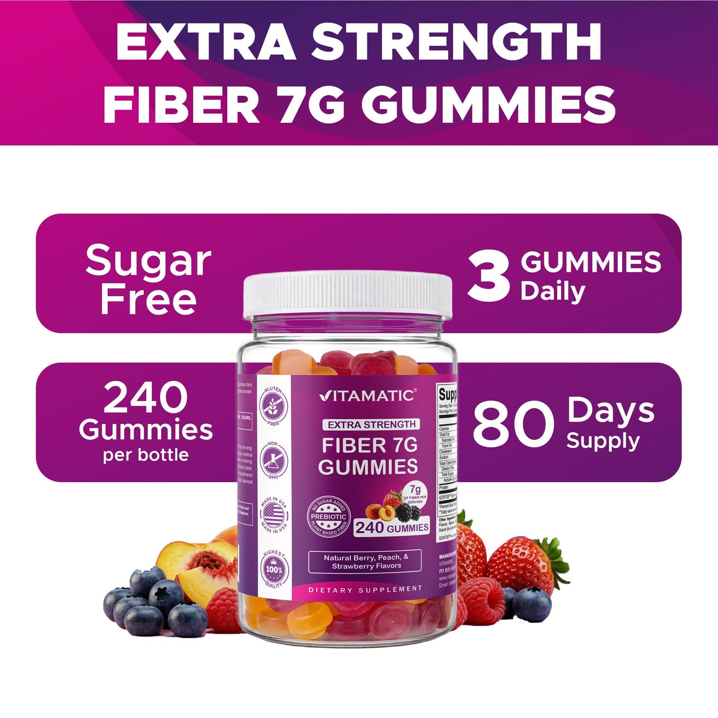 Vitamatic Fiber Gummies Digestive Health & Regularity | 240 Gummies