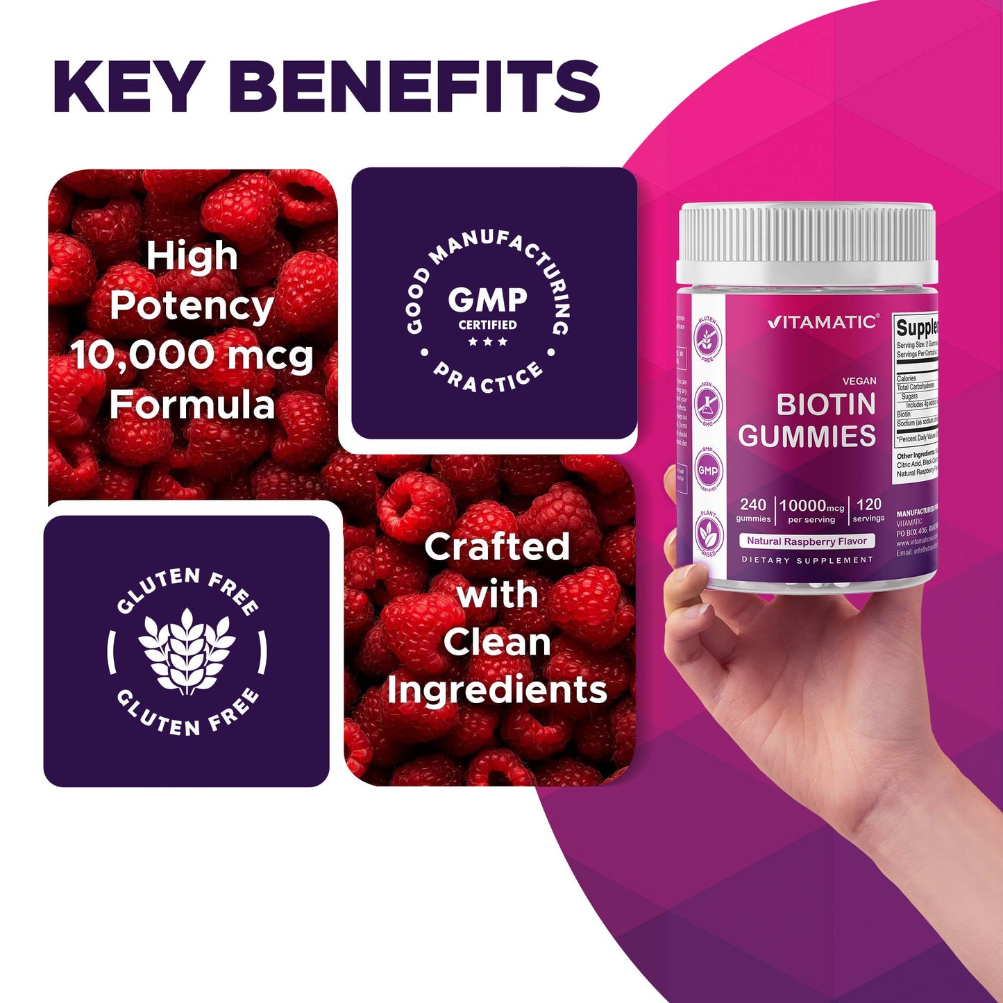 Vitamatic Biotin Gummies 10,000 mcg- 240 Vegan Gummies