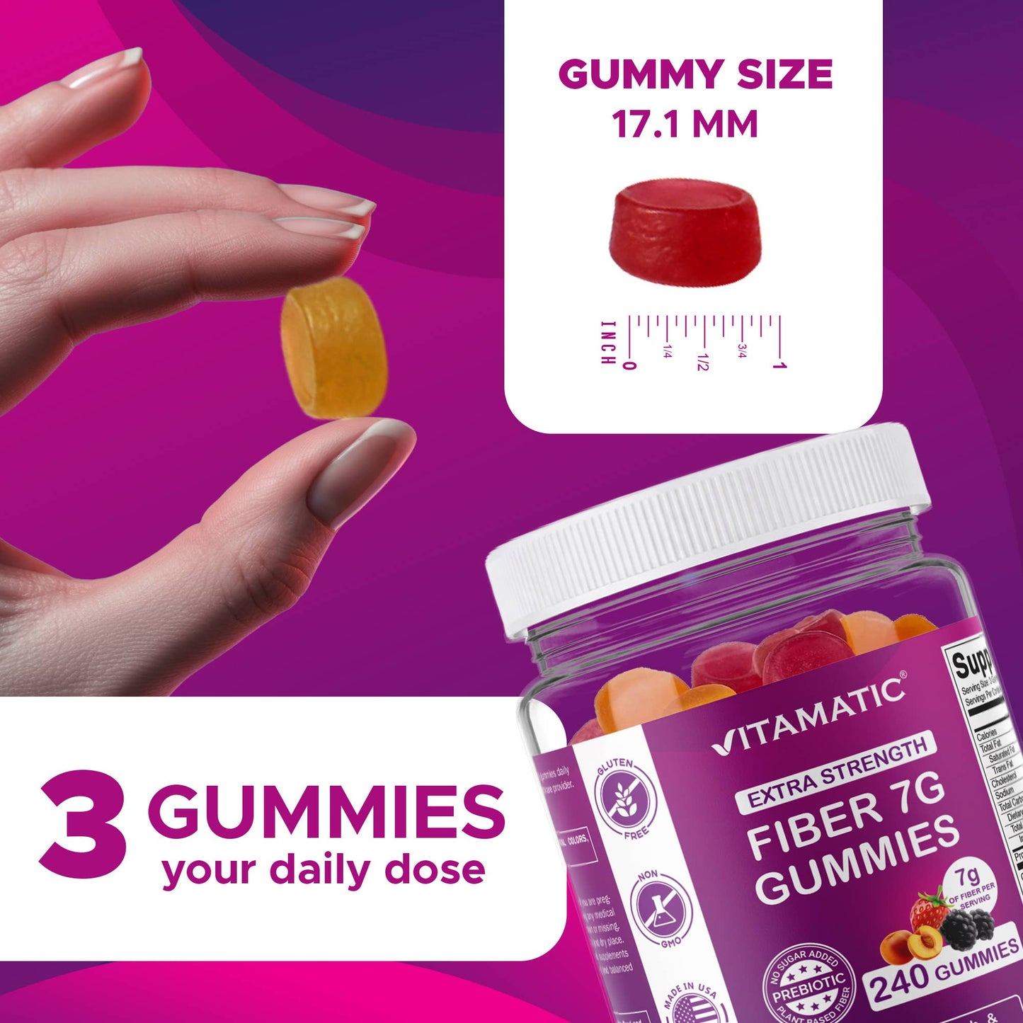 Vitamatic Fiber Gummies Digestive Health & Regularity | 240 Gummies