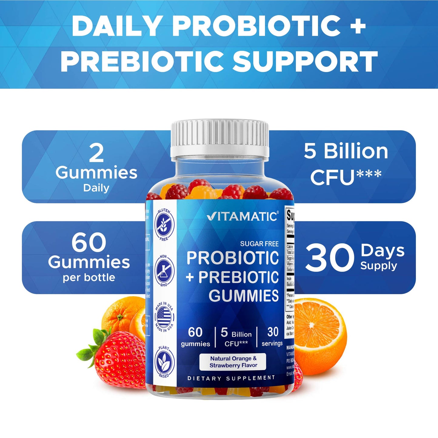Vitamatic | Pre & Probiotic 5 Billion CFUs | 60 Vegan Gummies
