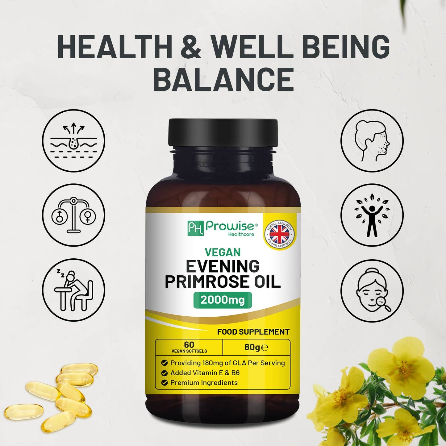 Vegan Evening Primrose Oil 2000mg with Vitamin E & B6 – 60
