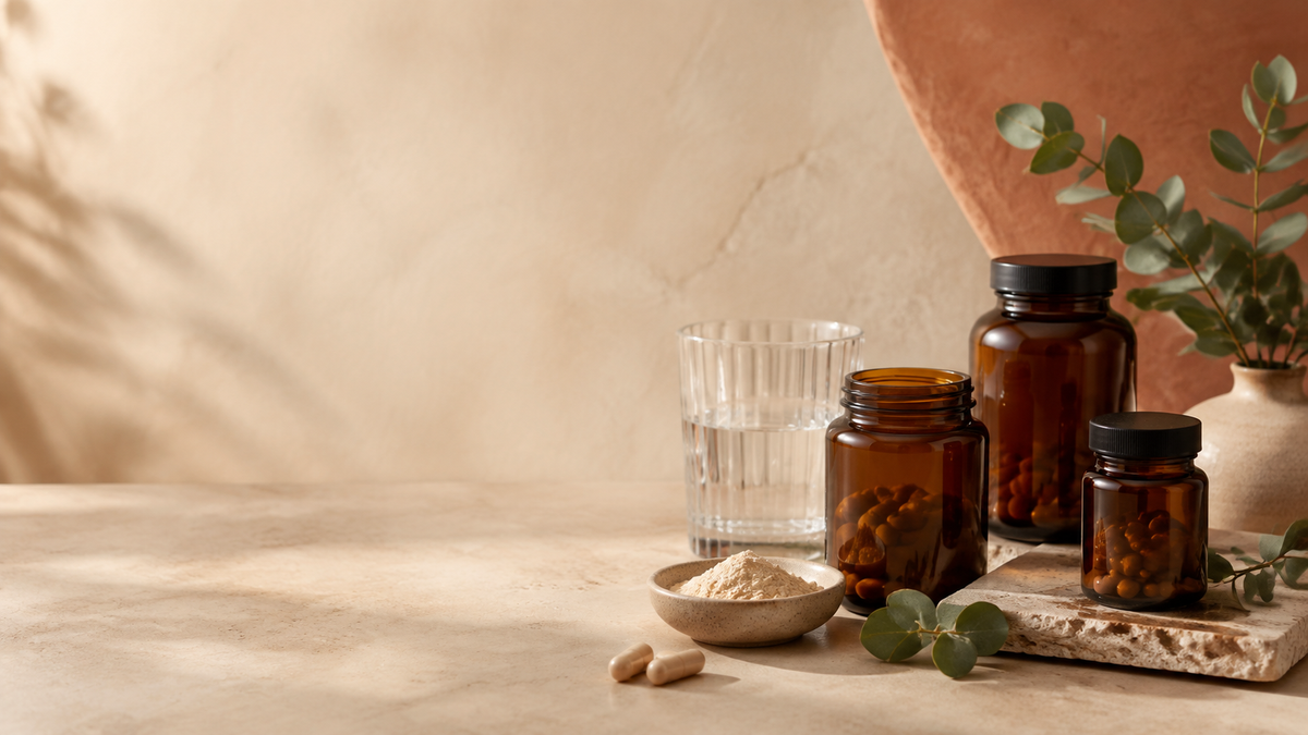 Neutral amber supplement jars, water and botanical leaves on a warm studio backdrop
